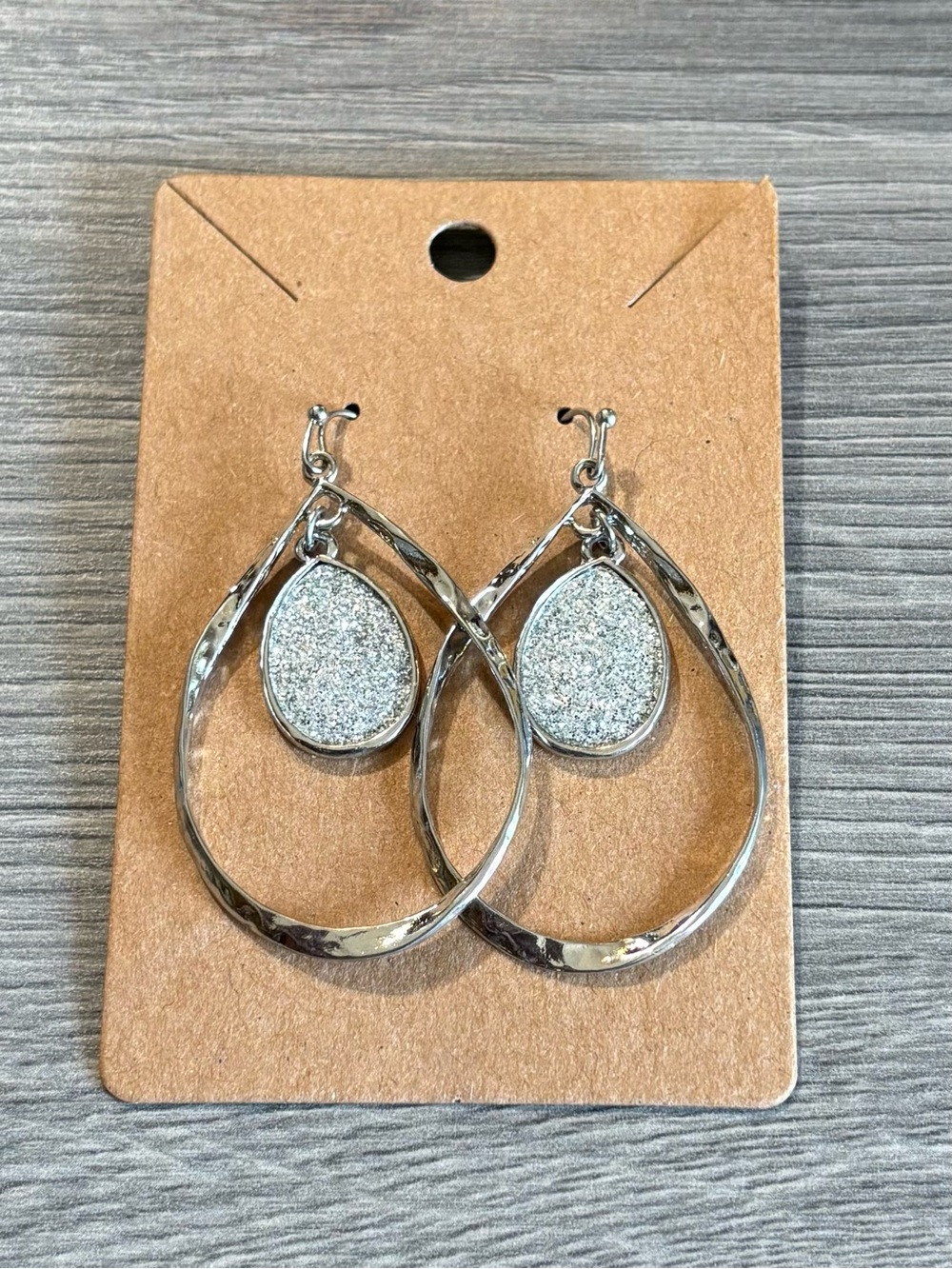 Silver Teardrop Dangle Earrings with Glitter Accent
